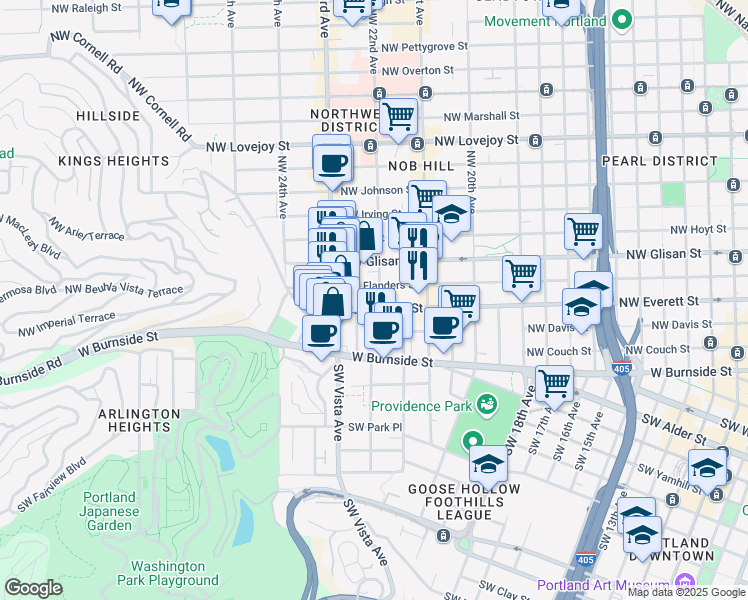 map of restaurants, bars, coffee shops, grocery stores, and more near 2229 Northwest Everett Street in Portland
