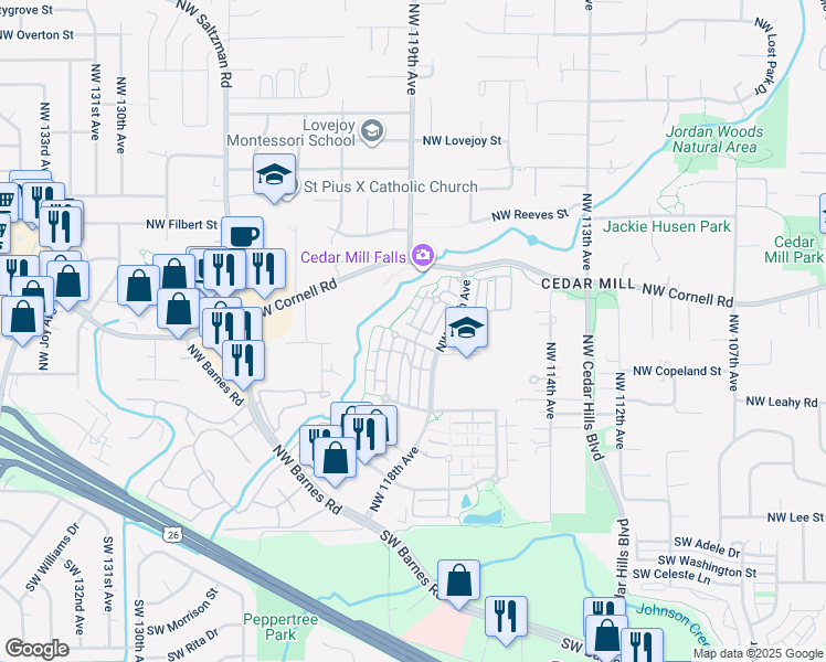map of restaurants, bars, coffee shops, grocery stores, and more near 11735 Northwest Holly Springs Lane in Portland