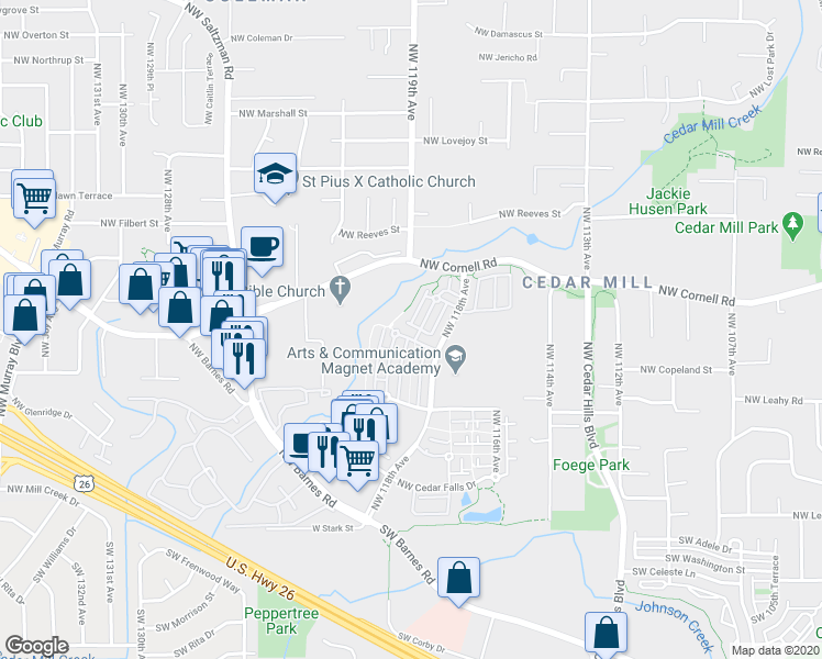 map of restaurants, bars, coffee shops, grocery stores, and more near 11735 Northwest Holly Springs Lane in Portland