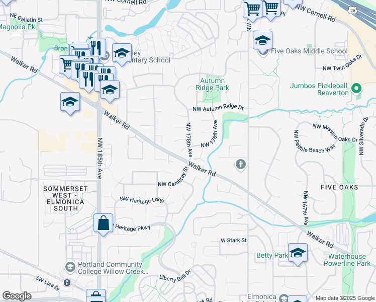 map of restaurants, bars, coffee shops, grocery stores, and more near 17835 Northwest Walker Road in Beaverton