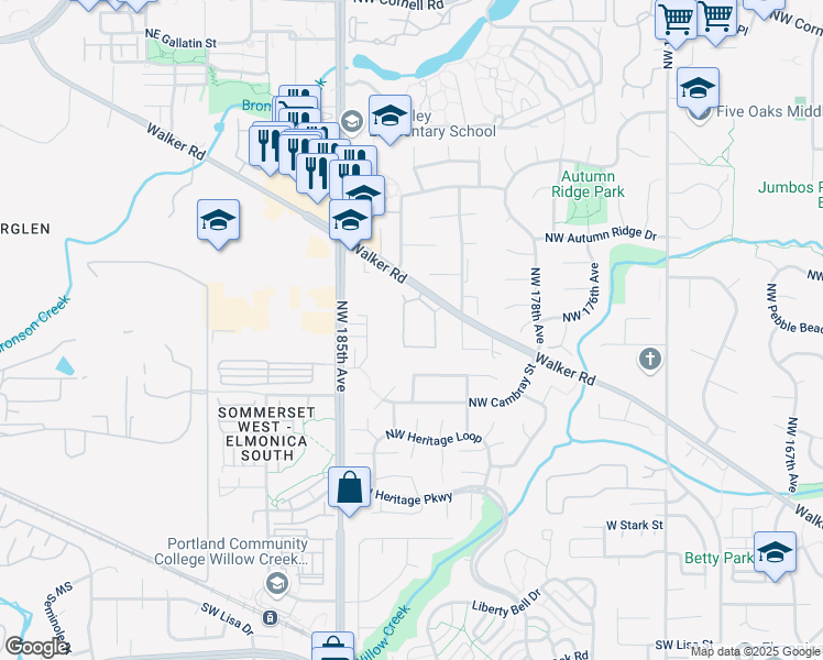 map of restaurants, bars, coffee shops, grocery stores, and more near 18220 Northwest Walker Road in Beaverton
