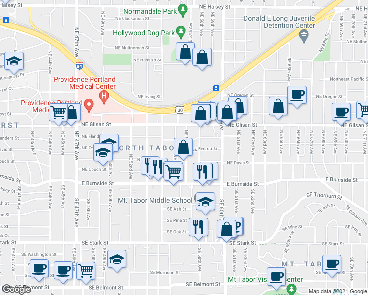 map of restaurants, bars, coffee shops, grocery stores, and more near 303 Northeast 57th Avenue in Portland