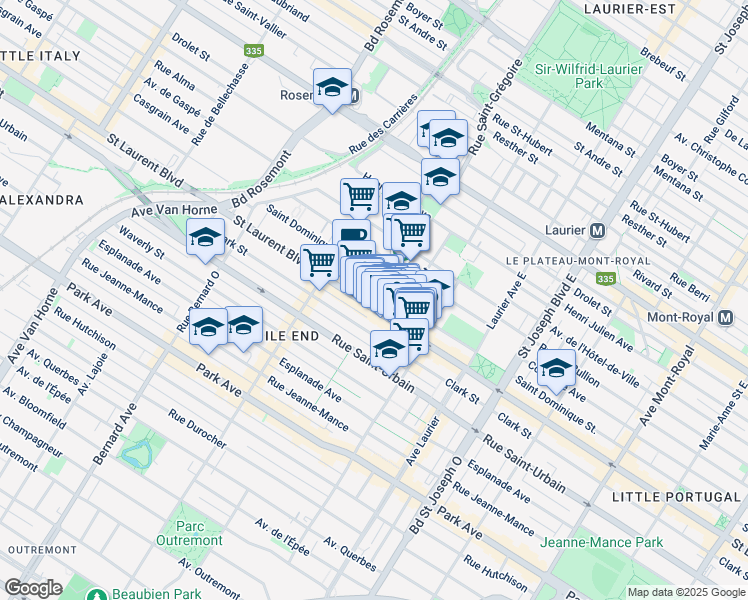 map of restaurants, bars, coffee shops, grocery stores, and more near 5363 Boulevard Saint-Laurent in Montréal