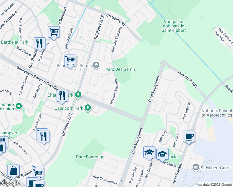 map of restaurants, bars, coffee shops, grocery stores, and more near 1108 Rue des Samares in Longueuil