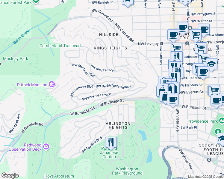map of restaurants, bars, coffee shops, grocery stores, and more near 2730 Northwest Calumet Terrace in Portland