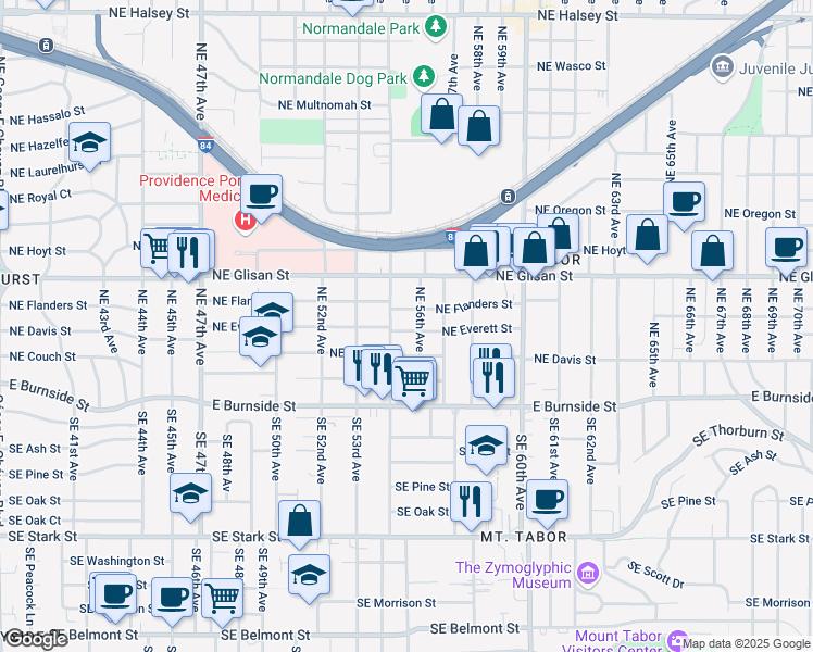 map of restaurants, bars, coffee shops, grocery stores, and more near 5525 Northeast Everett Street in Portland