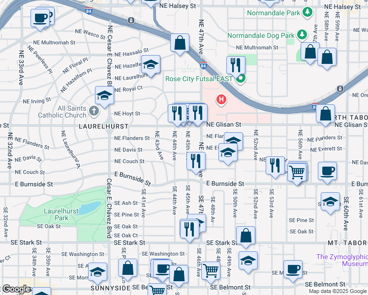 map of restaurants, bars, coffee shops, grocery stores, and more near 221 Northeast 45th Avenue in Portland