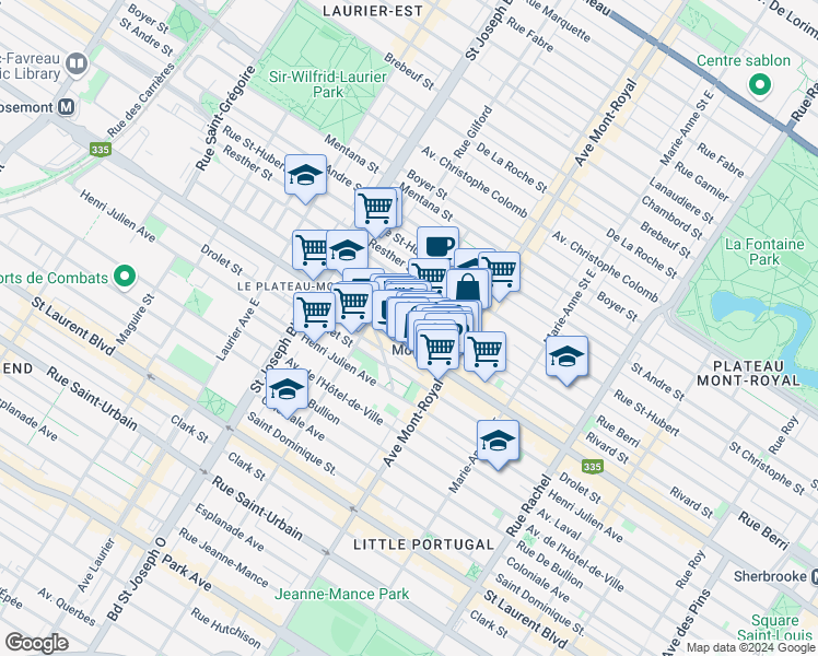 map of restaurants, bars, coffee shops, grocery stores, and more near 420 Rue de Bienville in Montréal