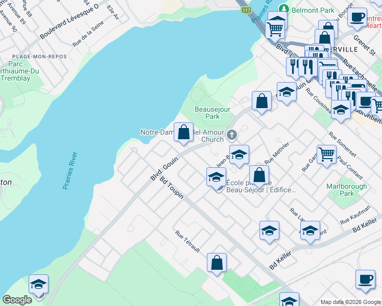 map of restaurants, bars, coffee shops, grocery stores, and more near 7400 Boulevard Gouin Ouest in Montréal