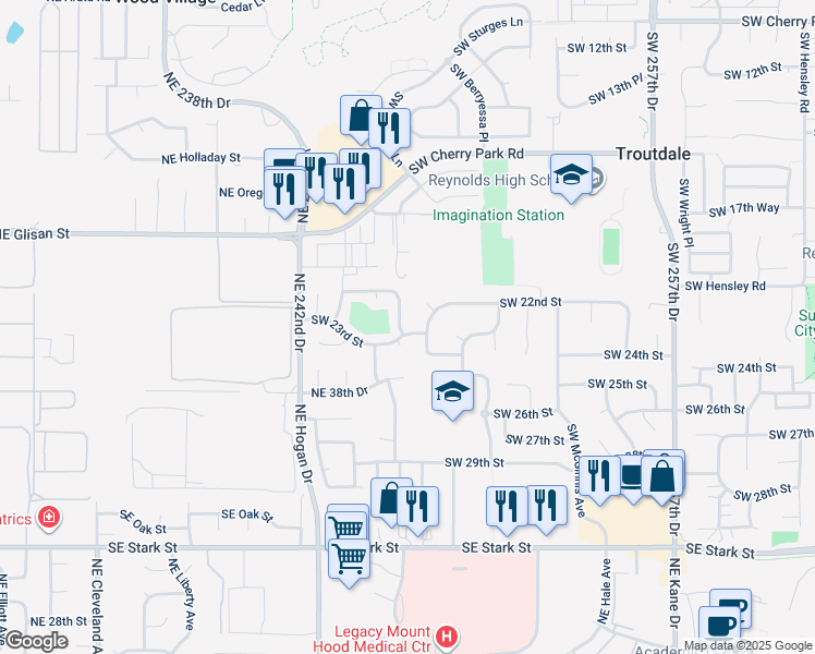 map of restaurants, bars, coffee shops, grocery stores, and more near 2248 Southwest Brink Avenue in Troutdale