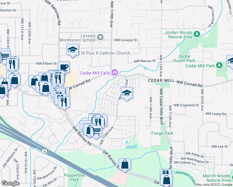 map of restaurants, bars, coffee shops, grocery stores, and more near 660 Northwest Falling Waters Lane in Portland