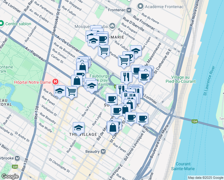 map of restaurants, bars, coffee shops, grocery stores, and more near 1662 Rue Dorion in Montreal