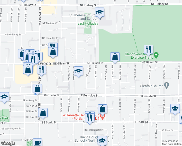 map of restaurants, bars, coffee shops, grocery stores, and more near 326 Northeast 130th Place in Portland