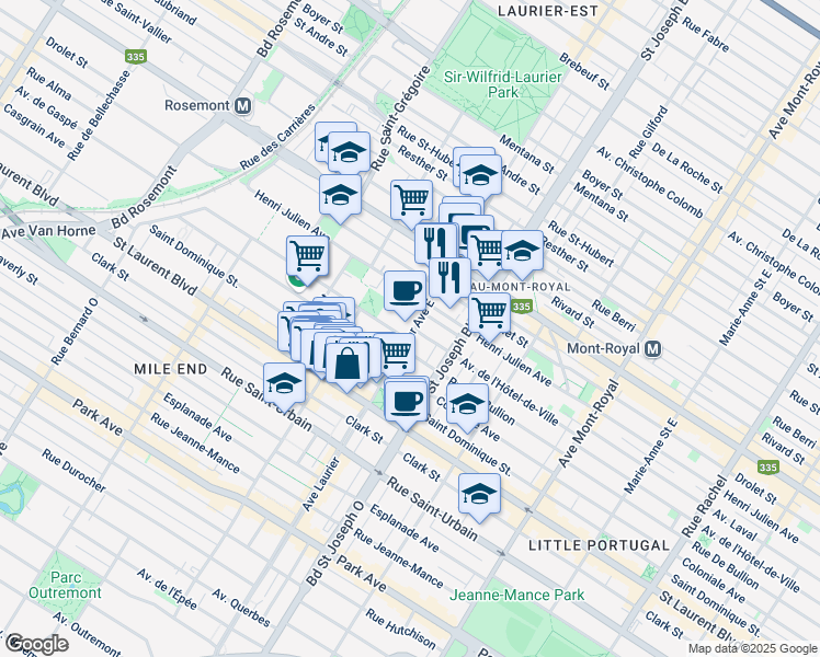 map of restaurants, bars, coffee shops, grocery stores, and more near 201 Avenue Laurier Est in Montréal