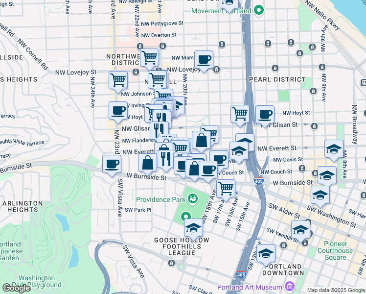 map of restaurants, bars, coffee shops, grocery stores, and more near 311 Northwest 20th Avenue in Portland