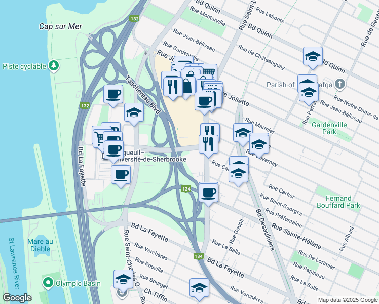 map of restaurants, bars, coffee shops, grocery stores, and more near in Longueuil