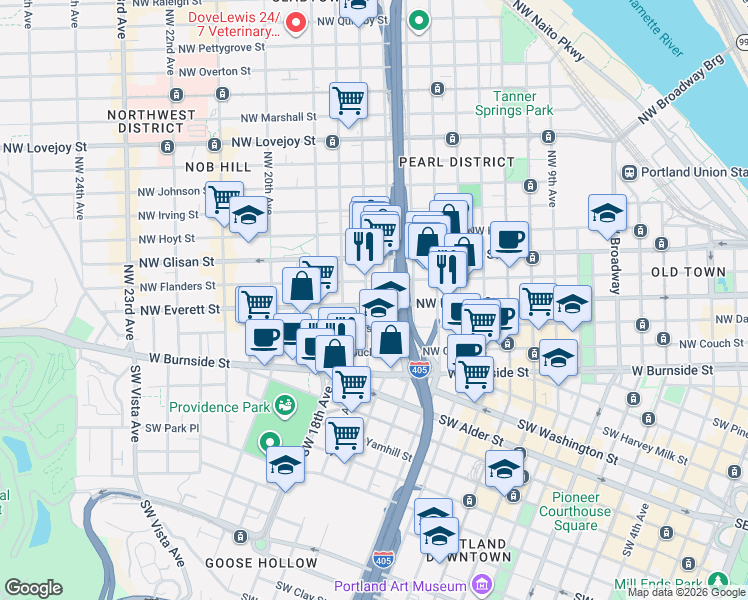 map of restaurants, bars, coffee shops, grocery stores, and more near 300 Northwest 17th Avenue in Portland