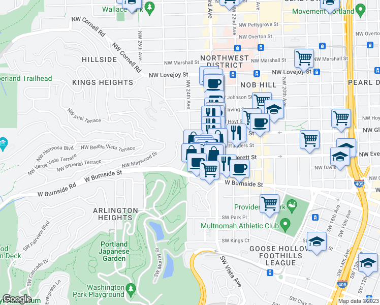 map of restaurants, bars, coffee shops, grocery stores, and more near 2361 Northwest Westover Road in Portland