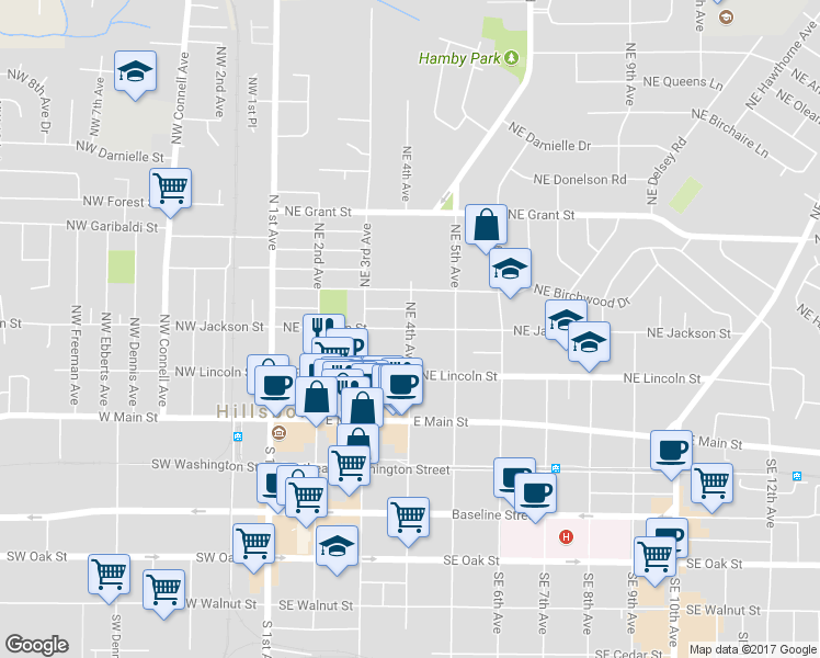 map of restaurants, bars, coffee shops, grocery stores, and more near NE Jackson St & NE 4th Ave in Hillsboro