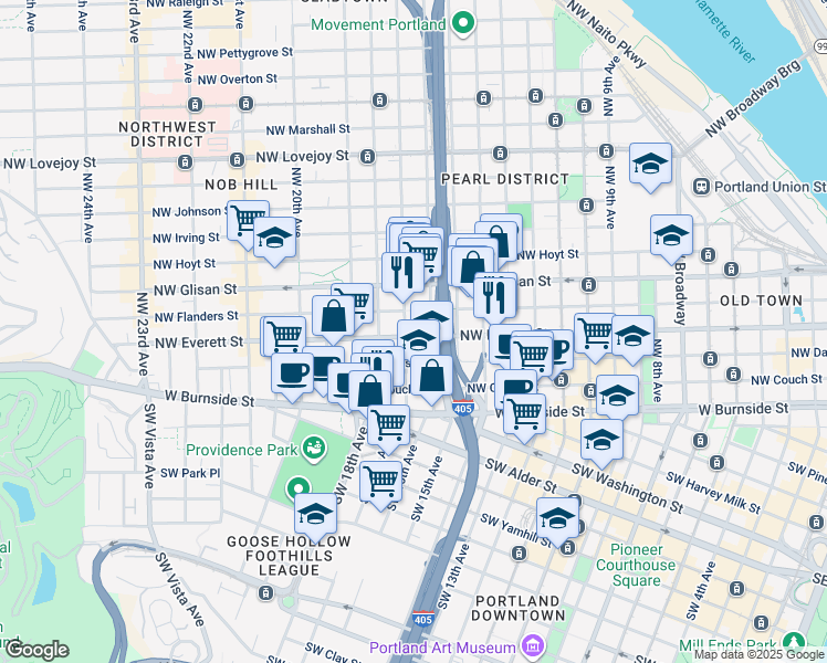 map of restaurants, bars, coffee shops, grocery stores, and more near 1631 Northwest Everett Street in Portland