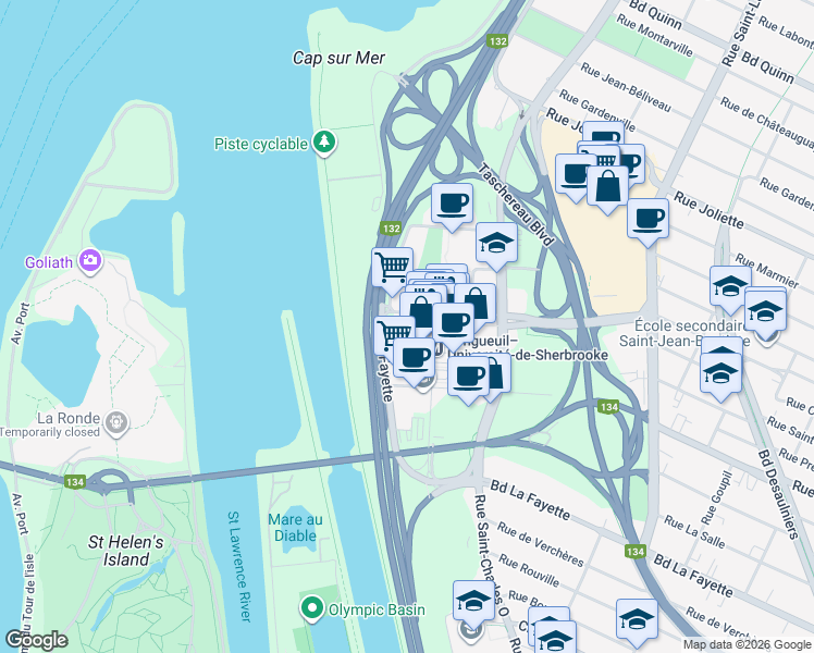 map of restaurants, bars, coffee shops, grocery stores, and more near 999 Rue de Sérigny in Longueuil