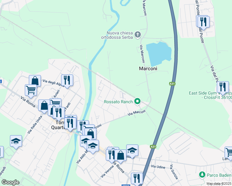 map of restaurants, bars, coffee shops, grocery stores, and more near 16 Via dei Carabinieri in Torri di Quartesolo