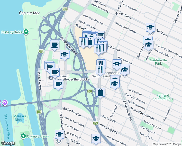 map of restaurants, bars, coffee shops, grocery stores, and more near 300 Place Charles-Le Moyne in Longueuil