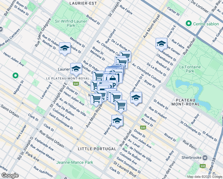 map of restaurants, bars, coffee shops, grocery stores, and more near 500a Avenue du Mont-Royal Est in Montréal