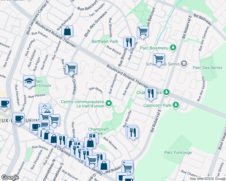 map of restaurants, bars, coffee shops, grocery stores, and more near 656 Rue Montpetit in Longueuil