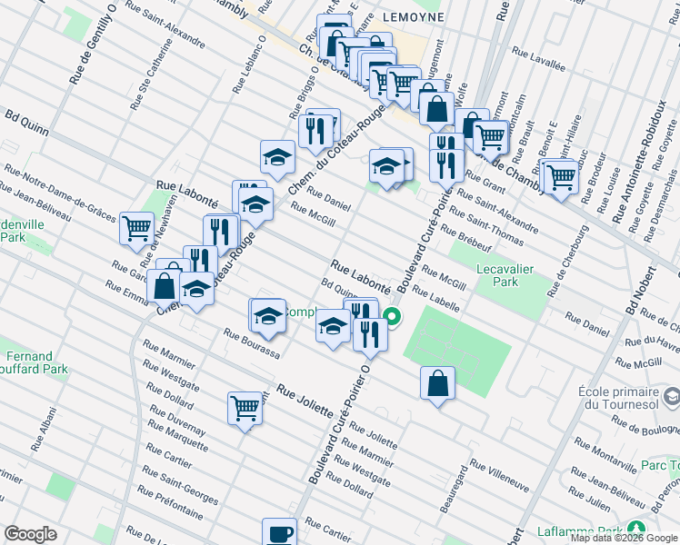 map of restaurants, bars, coffee shops, grocery stores, and more near 1766 Rue Labonté in Longueuil