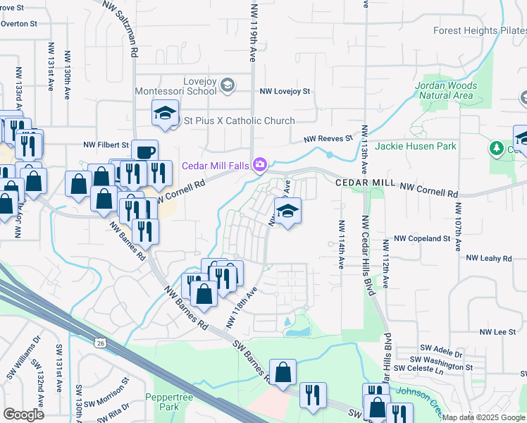 map of restaurants, bars, coffee shops, grocery stores, and more near 660 Northwest Falling Waters Lane in Portland