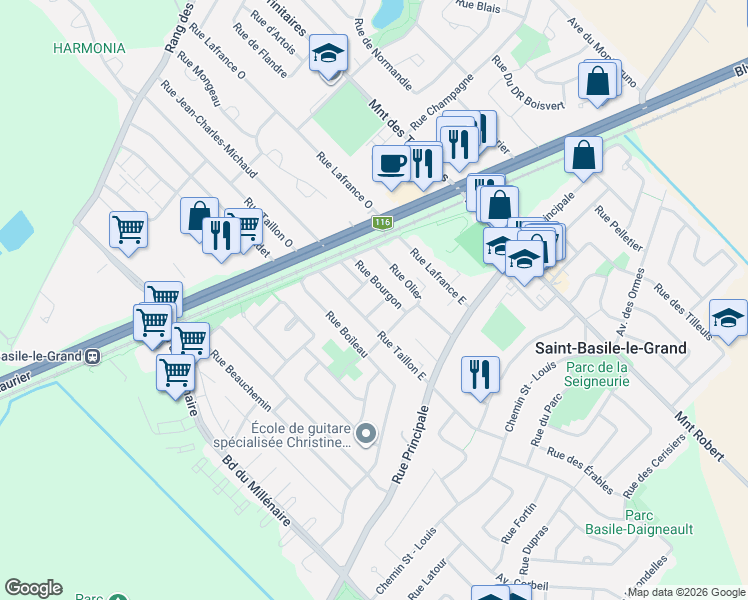 map of restaurants, bars, coffee shops, grocery stores, and more near 5 Rue Rocheleau in Saint-Basile-le-Grand