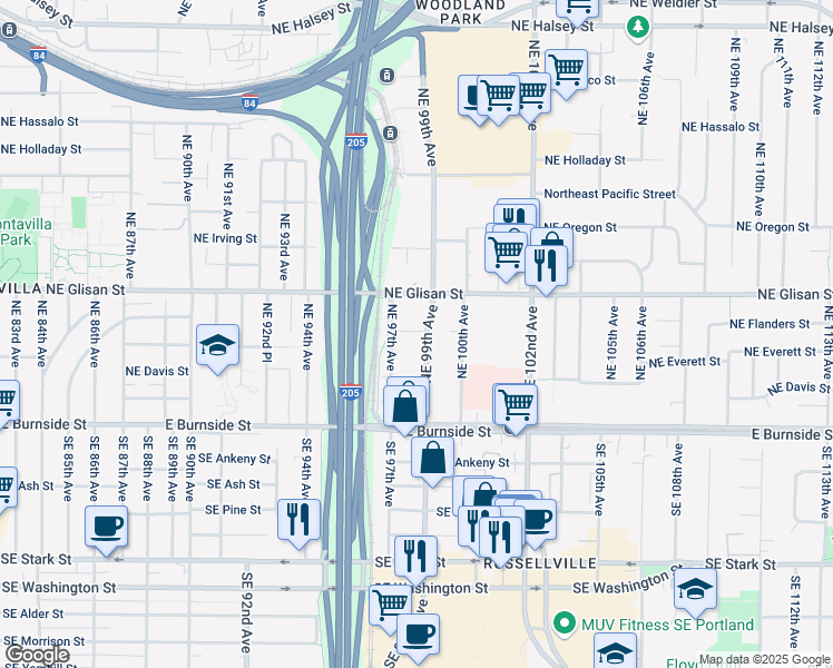 map of restaurants, bars, coffee shops, grocery stores, and more near 310 Northeast 99th Avenue in Portland
