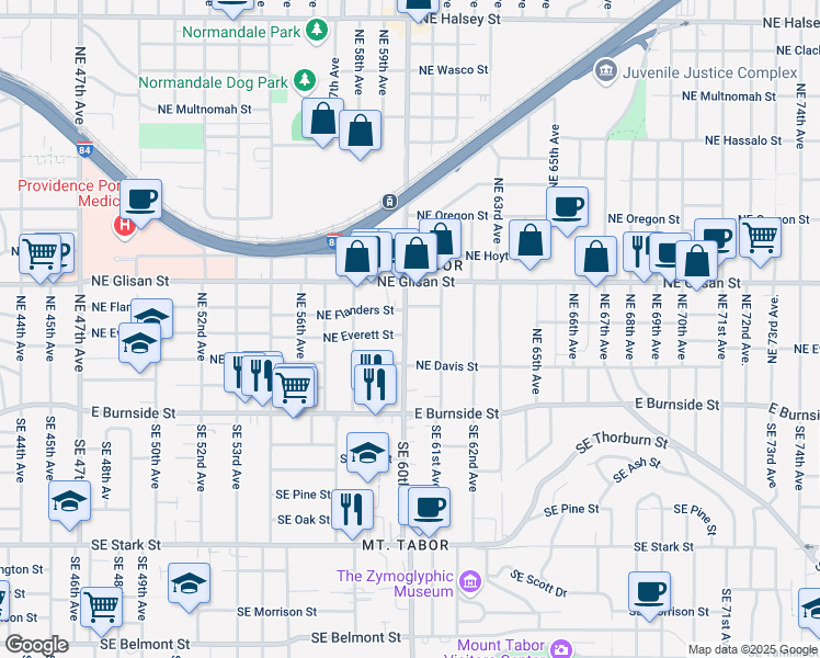 map of restaurants, bars, coffee shops, grocery stores, and more near 5932 Northeast Everett Street in Portland