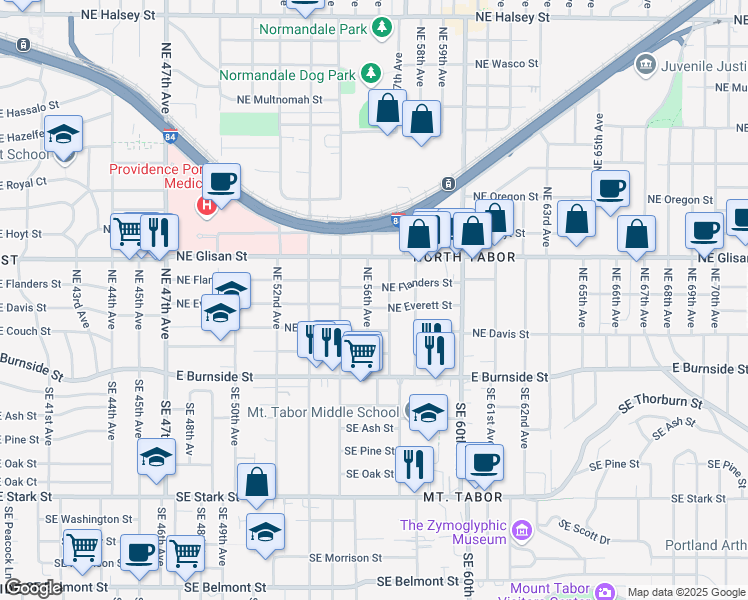 map of restaurants, bars, coffee shops, grocery stores, and more near 303 Northeast 57th Avenue in Portland