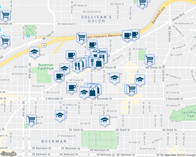 map of restaurants, bars, coffee shops, grocery stores, and more near 2216 Northeast Everett Street in Portland