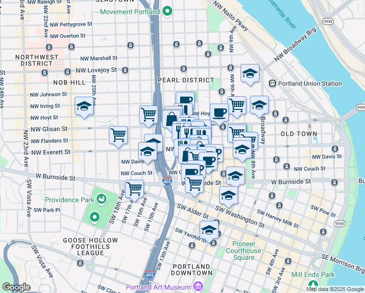 map of restaurants, bars, coffee shops, grocery stores, and more near 234 Northwest 14th Avenue in Portland