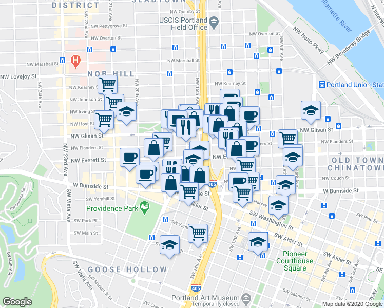 map of restaurants, bars, coffee shops, grocery stores, and more near in Portland