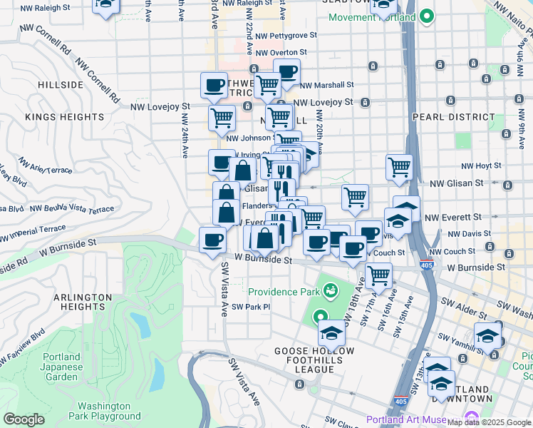 map of restaurants, bars, coffee shops, grocery stores, and more near 2149 Northwest Everett Street in Portland