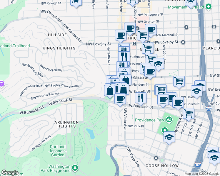 map of restaurants, bars, coffee shops, grocery stores, and more near 2361 Northwest Westover Road in Portland