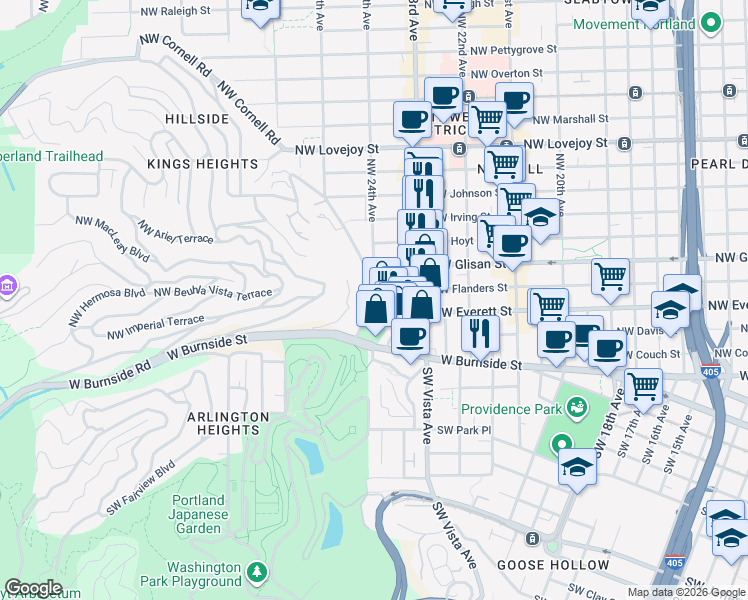 map of restaurants, bars, coffee shops, grocery stores, and more near 2361 Northwest Westover Road in Portland