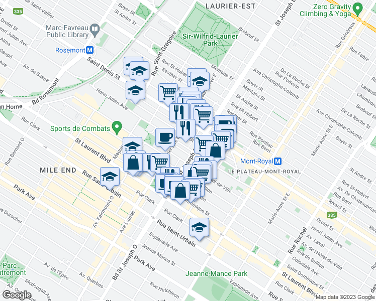 map of restaurants, bars, coffee shops, grocery stores, and more near 5010 Avenue Henri-Julien in Montréal
