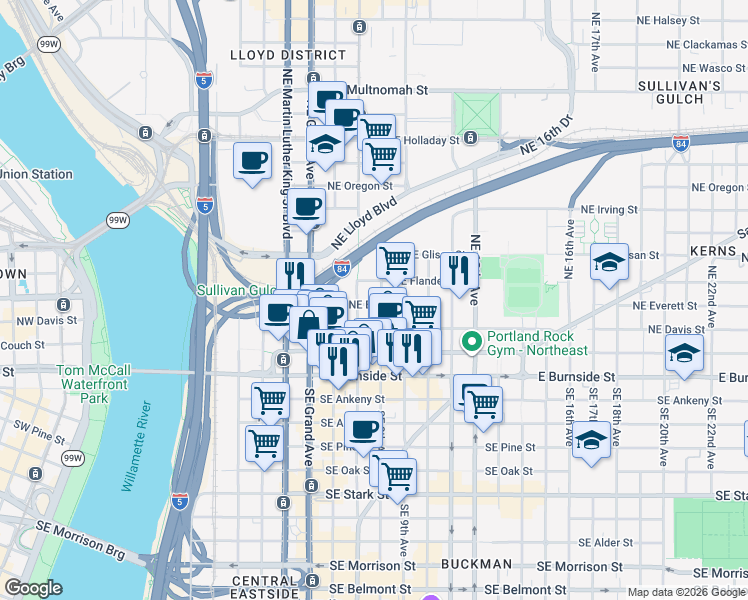 map of restaurants, bars, coffee shops, grocery stores, and more near 731 Northeast Everett Street in Portland