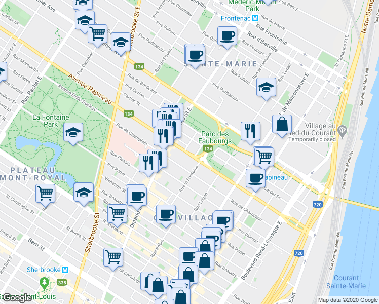 map of restaurants, bars, coffee shops, grocery stores, and more near 1863 Avenue Papineau in Montréal
