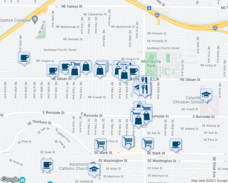 map of restaurants, bars, coffee shops, grocery stores, and more near 338 Northeast 78th Avenue in Portland