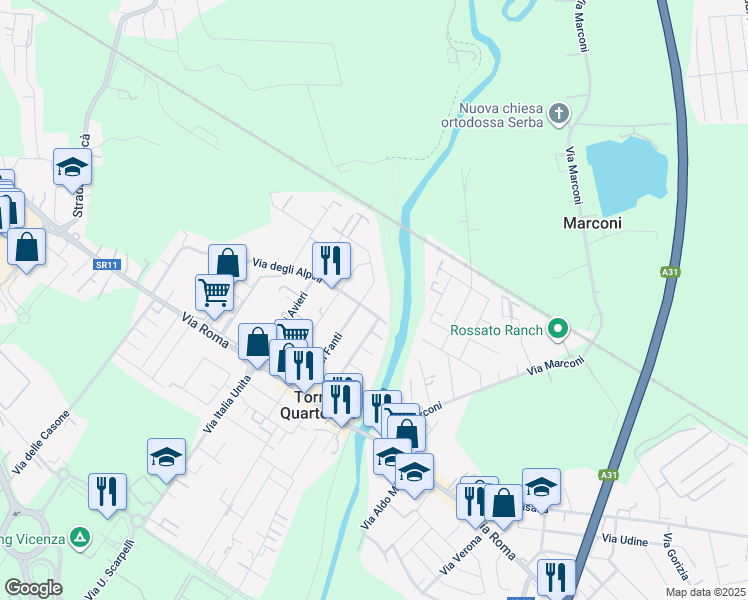 map of restaurants, bars, coffee shops, grocery stores, and more near 2 Via degli Alpini in Torri di Quartesolo
