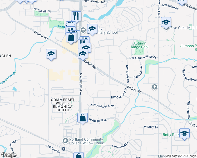 map of restaurants, bars, coffee shops, grocery stores, and more near 18220 Northwest Walker Road in Beaverton