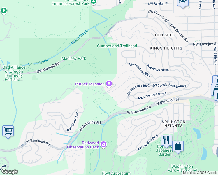 map of restaurants, bars, coffee shops, grocery stores, and more near 3229 Northwest Pittock Drive in Portland