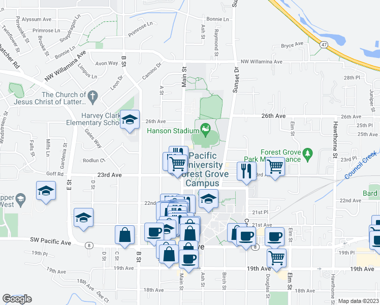 map of restaurants, bars, coffee shops, grocery stores, and more near 2345 Main Street in Forest Grove