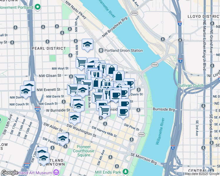 map of restaurants, bars, coffee shops, grocery stores, and more near Northwest 5th Avenue in Portland